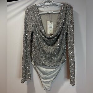 Zara Glittering Silver Sequin Bodysuit Top